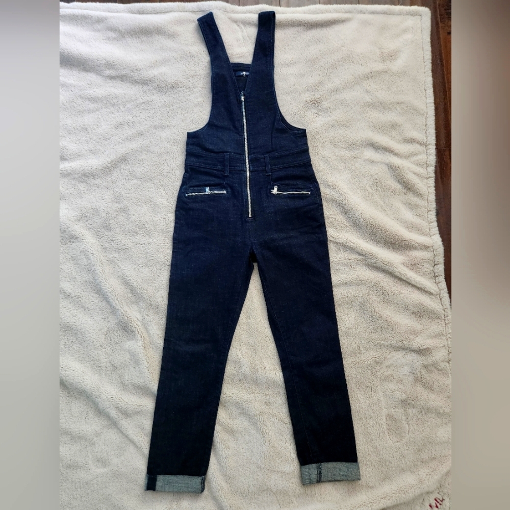 NWOT 7 For All Mankind Denim Zip Front Jumpsuit Jean Overalls Dark Blue sz XS